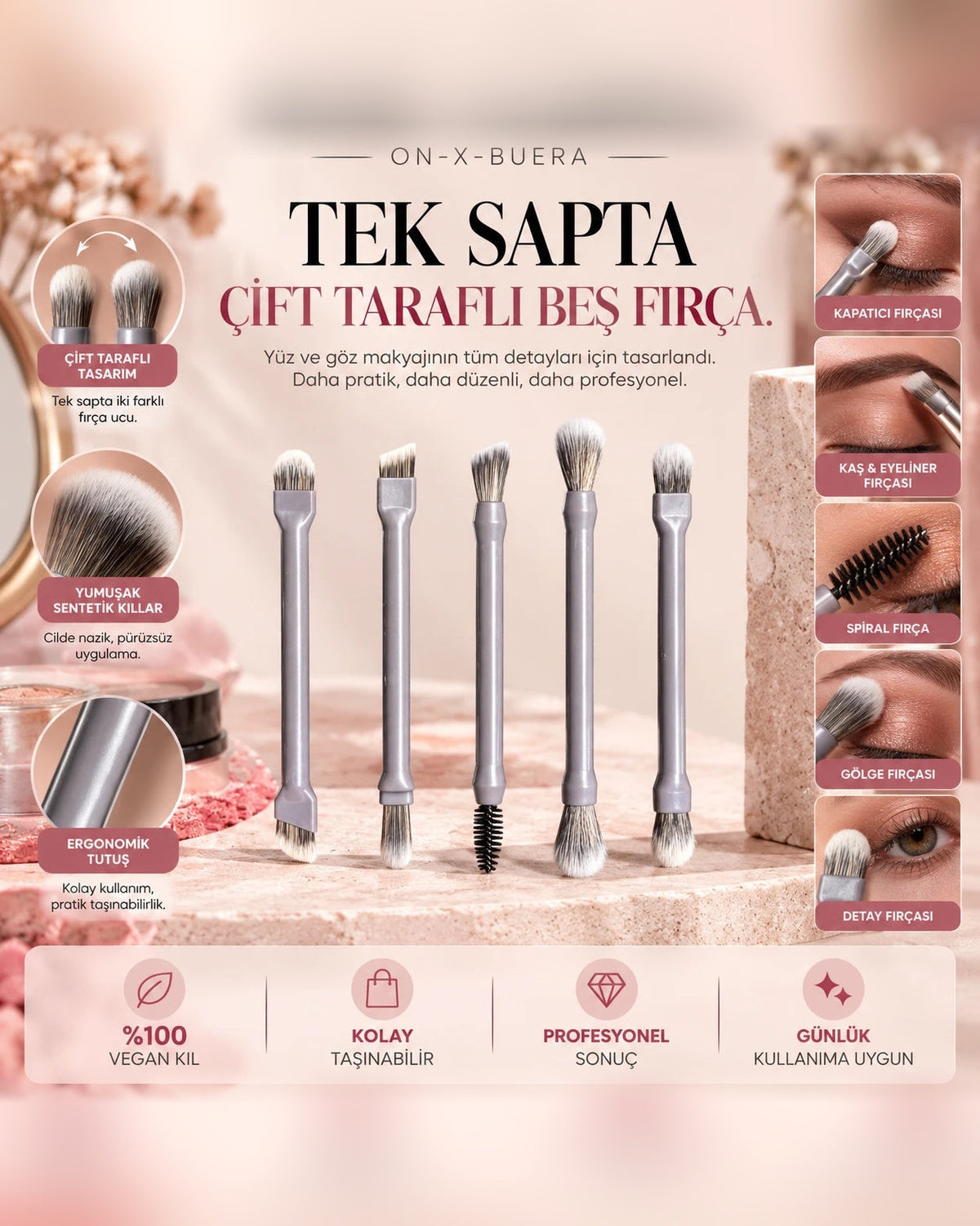 Tek sapta çift taraflı beş fırça: kapatıcı, kaş ve eyeliner, spiral, gölge ve detay fırçası